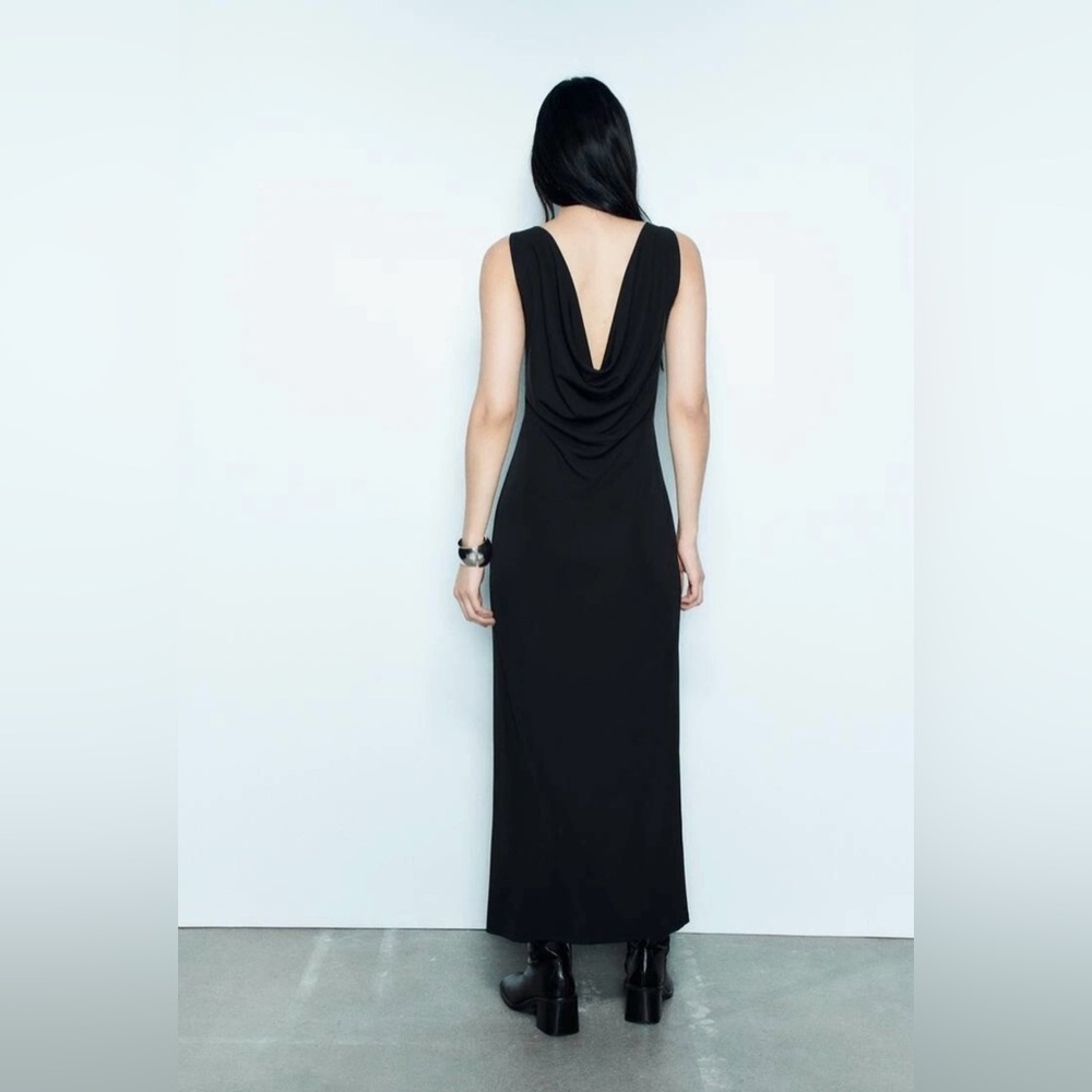 ZARA BLACK CREPE DRESS WITH DRAPED BACK  - SIZE LARGE -  New With Tags
